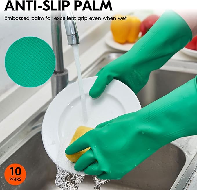 Vgo... 10-Pairs Reusable Household Gloves, Rubber Dishwashing gloves, Extra Thickness, Long Sleeves, Kitchen Cleaning, Working, Painting, Gardening, Pet Care (Size L, Green, HH4601)