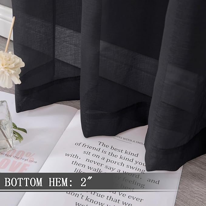 Tollpiz Sheer Curtains Living Room Linen Textured Curtain Sheers Light Filtering Voile Rod Pocket Curtains for Bedroom, 38 x 63 inches Long, Black, Set of 2 Panels
