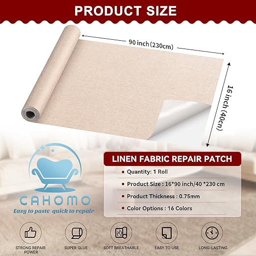 Linen Repair Tape 16x90 inch, Self Adhesive Fabric Patches, Linen Patch Tape Kit, Fabric Repair Tape for Couch Sofas, Headboards, Chairs, Pillows, Curtains, Couches - Dark Red