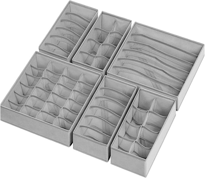6 Pack Sock Underwear Drawer Organizer Dividers, 58 Cell Foldable Fabric Dresser Closet Organizers and Storage Bins for Clothing, Baby Clothes, Bra, Panty, Scarf, Ties (Grey)