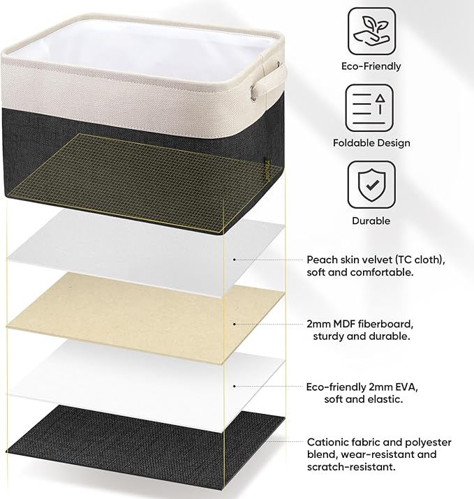 BALEINE Fabric Storage Bins for Shelves, Linen Storage Baskets for Organizing, Decorative Closet Storage Bins for Clothes, Toys, Home Storage (Black, 4 Pack)