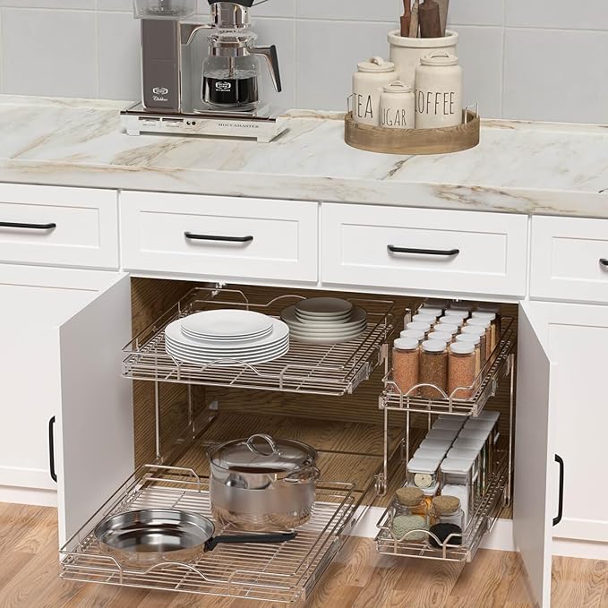 OCG 2 Tier Pull Out Cabinet Organizer (14" W x 21" D), Pull Out Drawers for Kitchen Cabinets, Pull Out Shelves for Base Cabinet Organization in Kitchen Bathroom Pantry, Chrome Finish