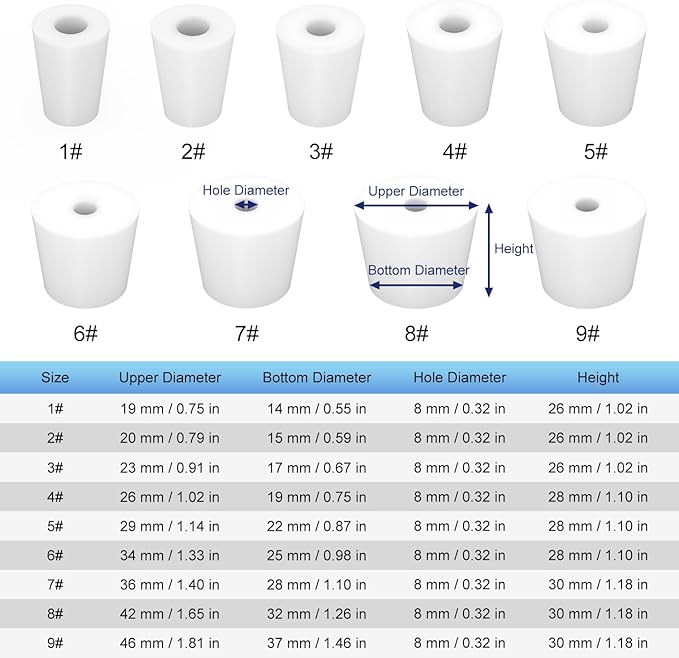 Labasics 5-Pack 4# Single-Hole Silicone Stoppers, White Tapered Lab Seal Stoppers with 0.31" Hole, Durable and Reusable Silicone Plugs for Laboratory Glassware, Airtight Sealing, and Experiments