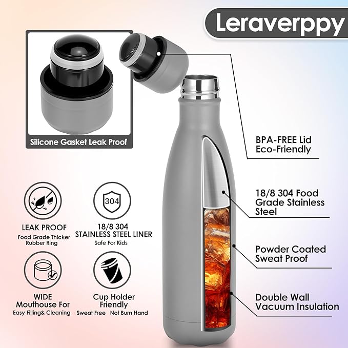 17oz Cola-Bottle Shaped Stainless Steel Leak-proof Water Bottle,Double Wall Vacuum Insulated Metal,Travel Mug For Sports Indoors & Outdoors,BPA-Free School Kids Flasks,Gray(8 Pack)