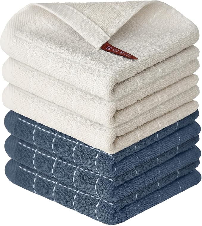Artoid Mode Checkered Designed Cotton Beige Grey Terry Kitchen Dish Cloths, 12x12 Inch Soft Absorbent Quick Drying Cleaning Kitchen Rags Set of 6