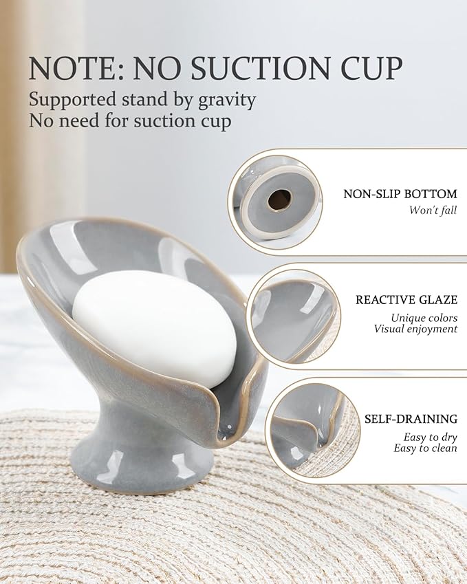 Soap Dish, Self Draining Bar Soap Holder for Bathroom Sink, Leaf Shaped Drainage Ceramic Porcelain Decorative Soap Dish, No Suction Cup, Kiln Stone Gray, ANTIS'S HOME