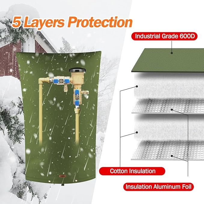 TOHONFOO Backflow Preventer Pipe Insulation Cover (5°F) - Irrigation Sprinkler Valve Insulated Pouch - Water Well Pump Cover - Sturdy 5 Layers for Winter Freeze Protection, 22" W x 34" H, Green