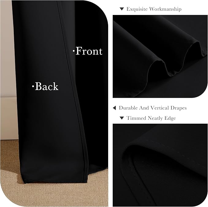 PONY DANCE Bedroom Blackout Curtains - Blackout Dark Curtain Panels Energy Saving Light Blocking Thermal Drapes/Home Decor Modern for Kids Nursery Good Sleep, 42 Wide by 72 in Long, Black, 2 PCs