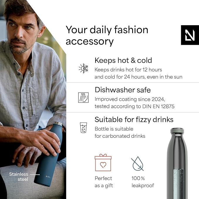 LARS NYSØM Stainless Steel Insulated Water Bottle 12oz 17oz 25oz 34oz 51oz | Insulated Thermo Flask for Hot and Cold Beverages | Leakproof Drinking Bottle (Ash Gray, 33.9 oz)