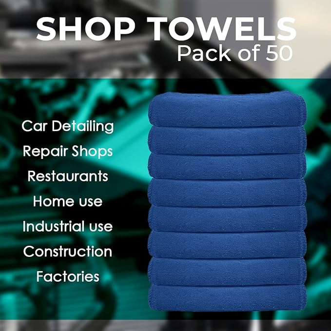 Avalon Towels Cotton Shop Rags – (Pack of 50) Size 12x14 Inches Cleaning Rags – Absorbent Shop Towels and Multipurpose Cleaning Towels for Automobiles, Industries, Garage and Homes (Blue)