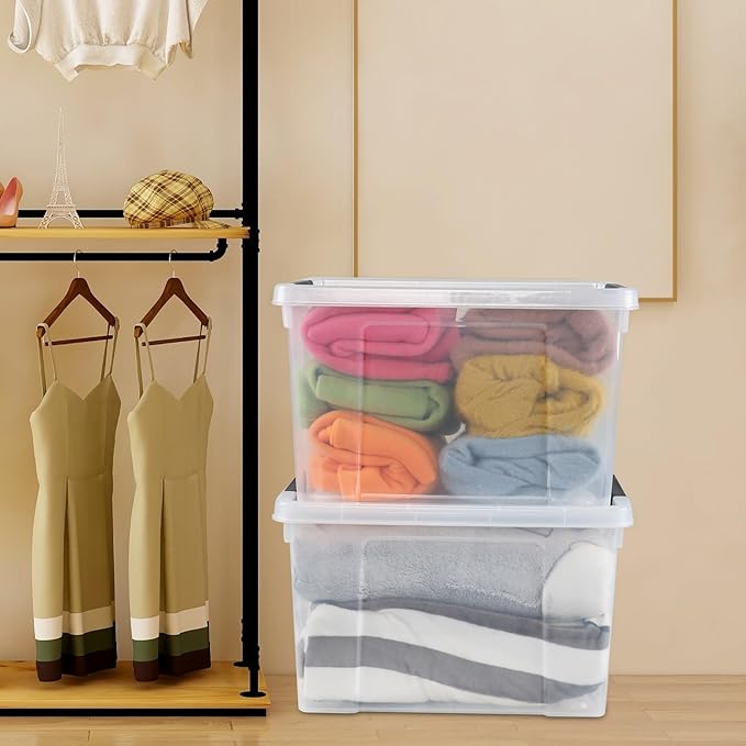 34 L Clear Plastic Storage Bins Box with Lid, Stackable Lidded Storage Bin Container with Wheels and Secure Latching Buckles, 4 Packs