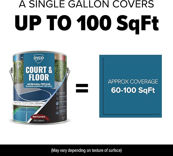 DYCO Court & Floor Anti-Slip Coating - Slip-Resistant Pavement, Cement & Concrete Paint for Pickleball, Tennis & Basketball Courts, Exceeds ADA Standards for Safety Areas (Red Currant, 1 Gallon)