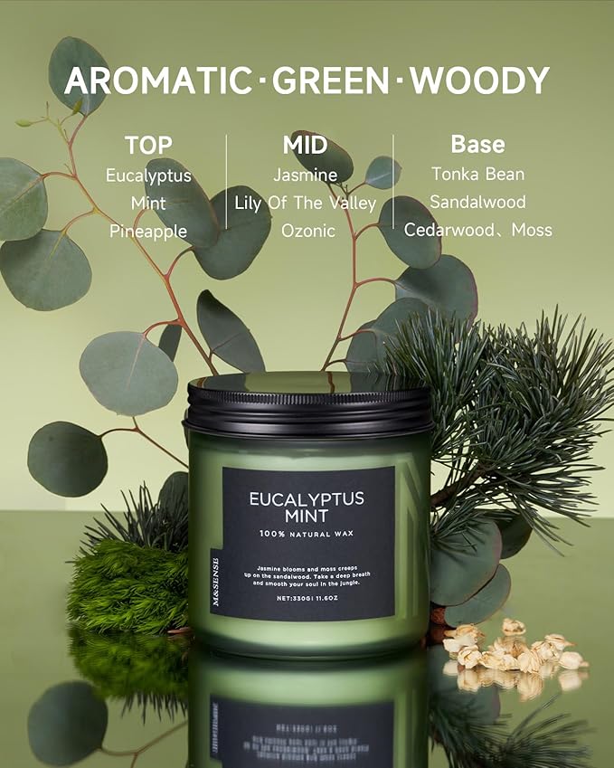 M&SENSE Eucalyptus & Mint Soy Candles for Home Scented, 11.6oz 70 Hour Burn Aromatherapy Candle Gift for Stress Relief, Meditation, Yoga, Relaxing SPA, Reusable Jar for Men and Women
