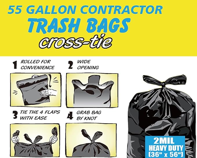 Contractor Heavy Duty Trash Bags 55 Gallon | 52 Count | 2 MIL | 36" X 56" | Large Black Flap Tie Construction Garbage Bags for Business Home Commercial, Industrial, Storage, Outdoor