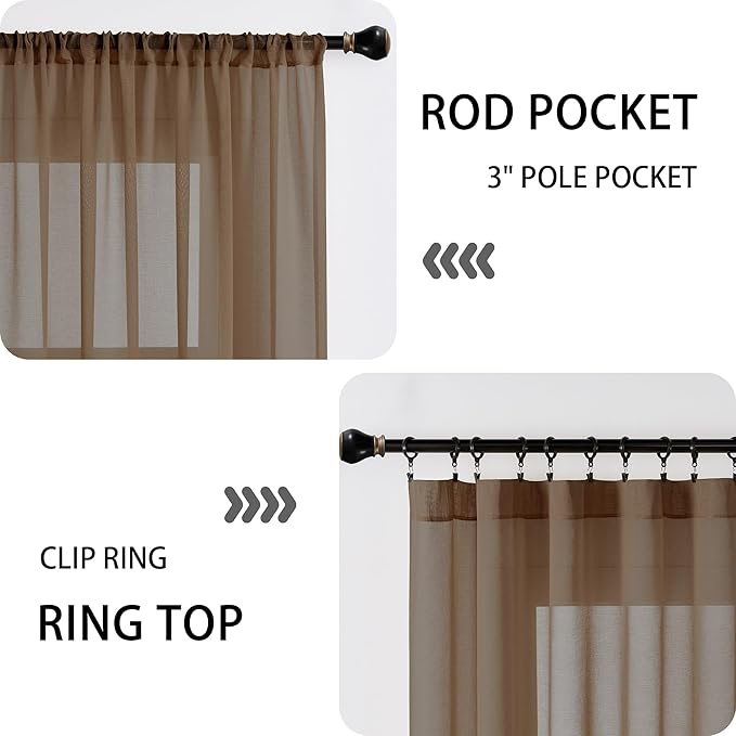 Tollpiz Sheer Curtains Closet Linen Textured Curtain Sheers Doorway Light Filtering Voile French Door Rod Pocket Curtains Patio Glass Door, 54 x 63 inches Long, Brown, Set of 1 Panel