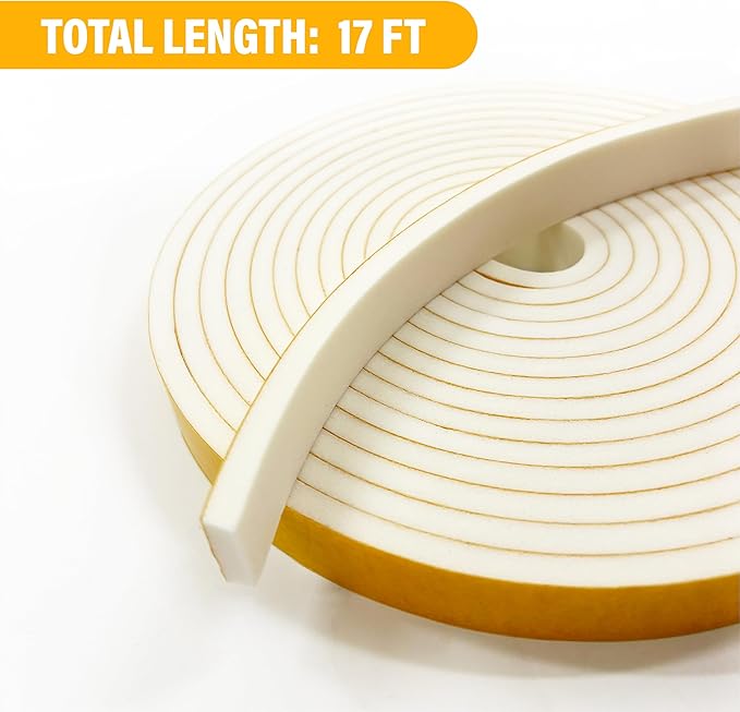 Weather Stripping Foam Tape, 17 Ft Door Seal Strip, EVA Material, High Density 1/4" Thick, No Residue Adhesive, Weatherproof Door Seal Strip for Sliding Door, Windows, White (1/2" Wide)