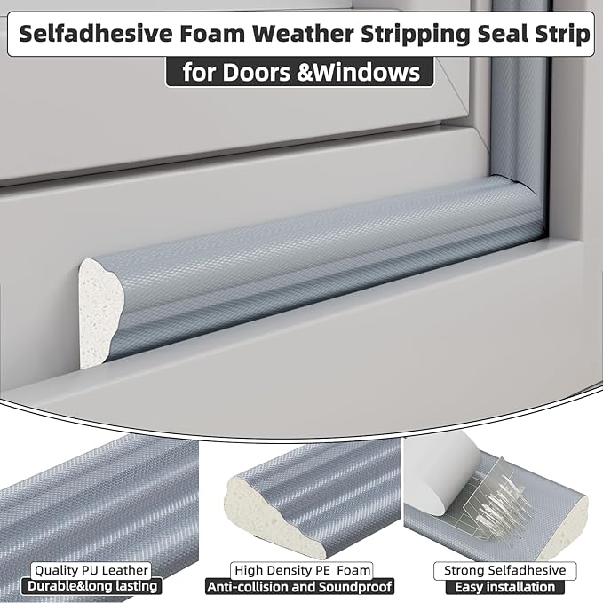 2 Pack*16.4 Ft Weather Stripping Seal Strip for Doors,Soundproofing Window Insulation Draft Stopper for Winter, Selfadhesive Foam Weather Strip for Door Frame,Door Gap Filler Noise Blocker(Gray)