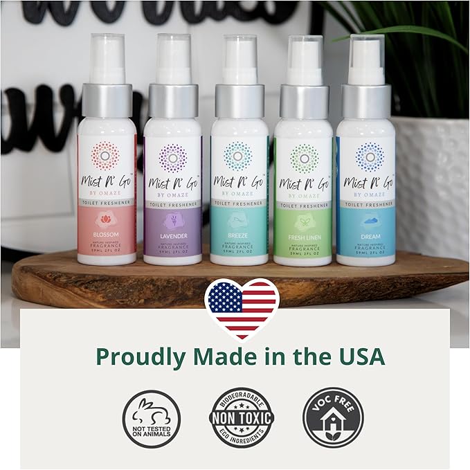 Mist N’ Go by Omaze Travel Bathroom Spray for Toilet Spray Odor Eliminator - Travel Toilet Spray for Bathroom Air Freshener Spray for Bathroom Deodorizer - Breeze Regular Size (2oz x2)
