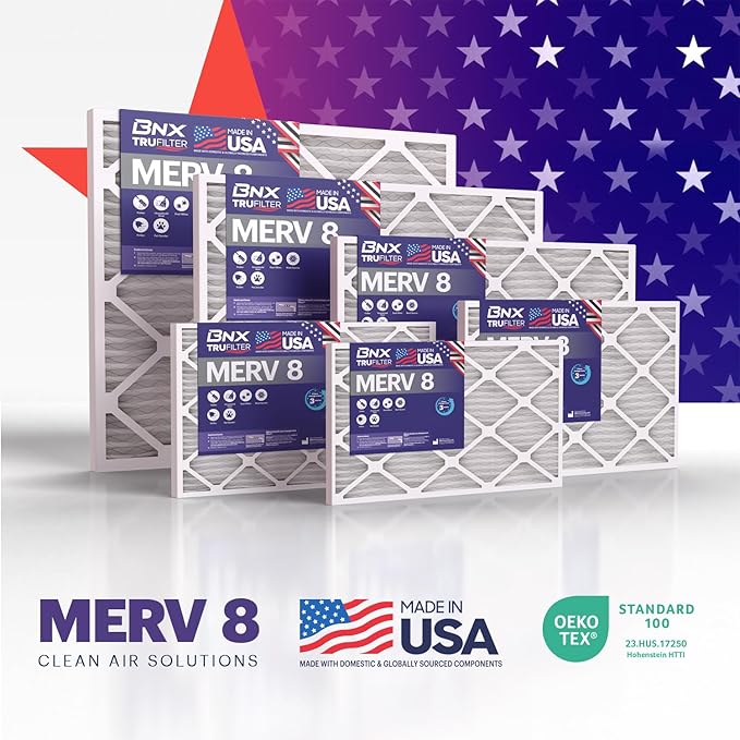 BNX TruFilter 12x12x1 Air Filter MERV 8 (6-Pack) - MADE IN USA – Dust & Pet Defense Pleated Air Conditioner HVAC AC Furnace Filters for Dust, Pet, Mold, Pollen MPR 600 – 700 & FPR 5