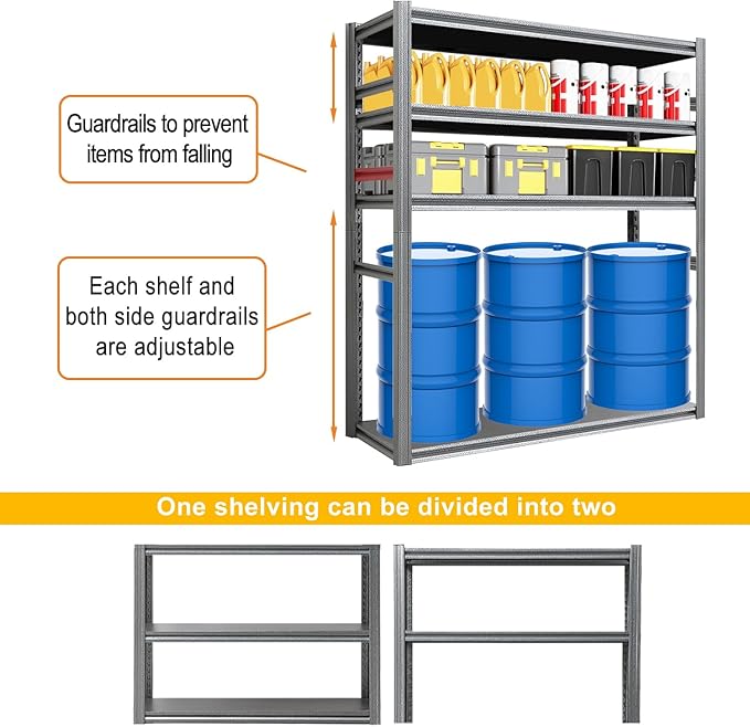 Storage Shelf 5-Tier Garage Shelving, Industrial Shelving with Guardrails, 2500LB Boltless Metal Shelves Heavy Duty for Storage Room, 18" D x 47.2" W x 72" H, Iron Black 3 Pack