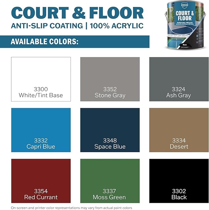 DYCO Court & Floor Anti-Slip Coating - Slip-Resistant Pavement, Cement & Concrete Paint for Pickleball, Tennis & Basketball Courts, Exceeds ADA Standards for Safety Areas (Black, 1 Gallon)