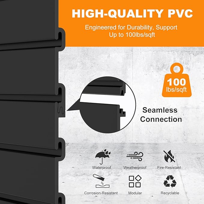 DoCred Slatwall Paneling Organizer, 4x4 FT PVC Garage Slat Wall Storage Systems, Heavy Duty Mounted Slat Peg Board for Tool Organization Ladder Bike Includes 27 PCS Hooks Accessories Kit (Black)