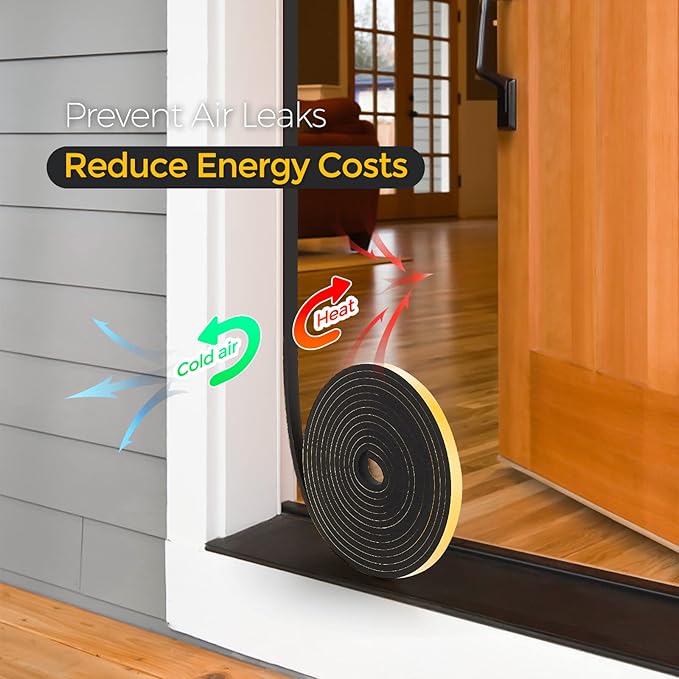 32 Feet Weather Stripping Door Seal, 1/2" Wide X 1/8" Thick Door Seal Strip High Density Foam Tape Adhesive Strip for Door Soundproofing,Window Insulation (1/2" x 1/8" x 32FT,Black)