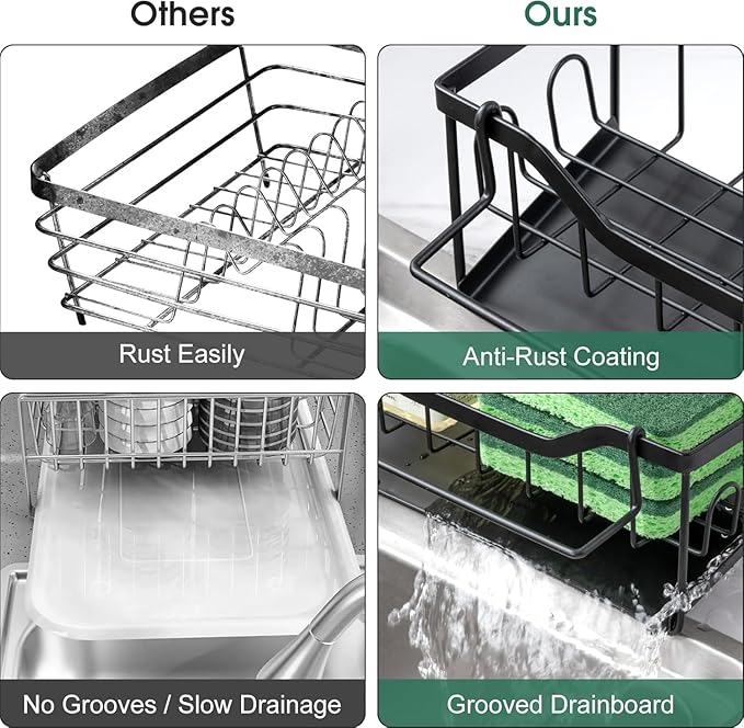Sponge Holder for Kitchen Sink - Sink Caddy Organizer with Auto Drain Tray, Detachable Towel Rack, Stainless Steel Kitchen Counter Organizer Rack, Black
