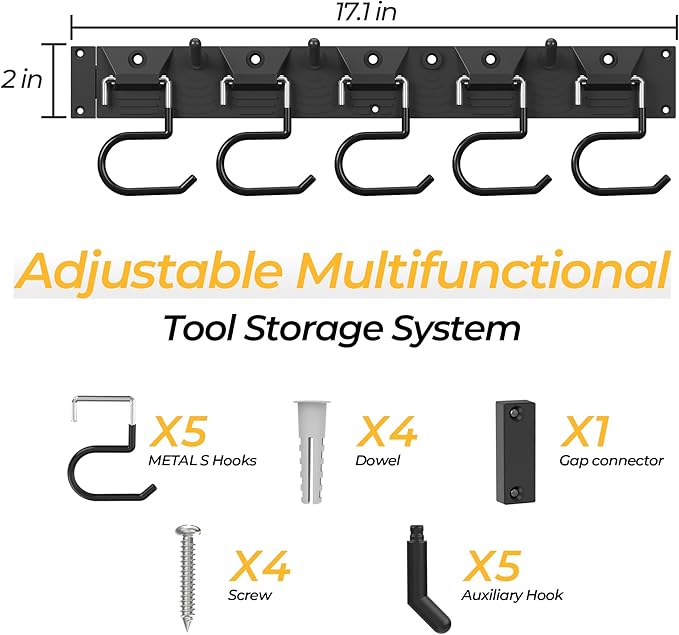51 Inch Garden Tool Organizer Wall Mount with Non Slip Rubber Coated Metal Hooks, Storage Rack for Indoor/Outdoor Shovel, Rake, Mop and Broom Holder Wall Mount （ 15 Hooks+15 Holders