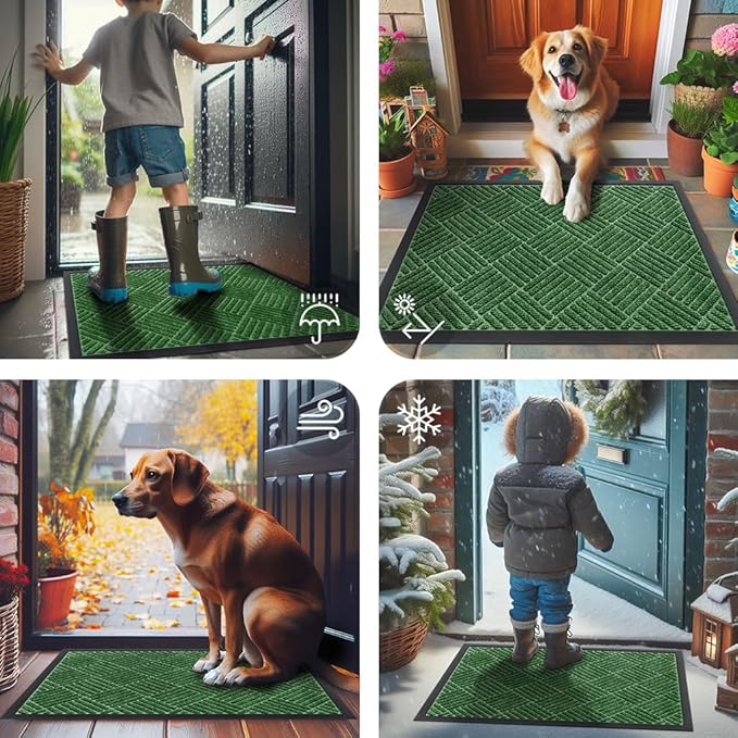Smiry Front Door Mat Outside Entrance, Heavy Duty Outdoor Indoor Mat, Natural Rubber Doormat, Non Slip, Trap Dirt and Moisture, Easy Clean, Low Profile Patio Porch Entryway Mat, 35x23, Green
