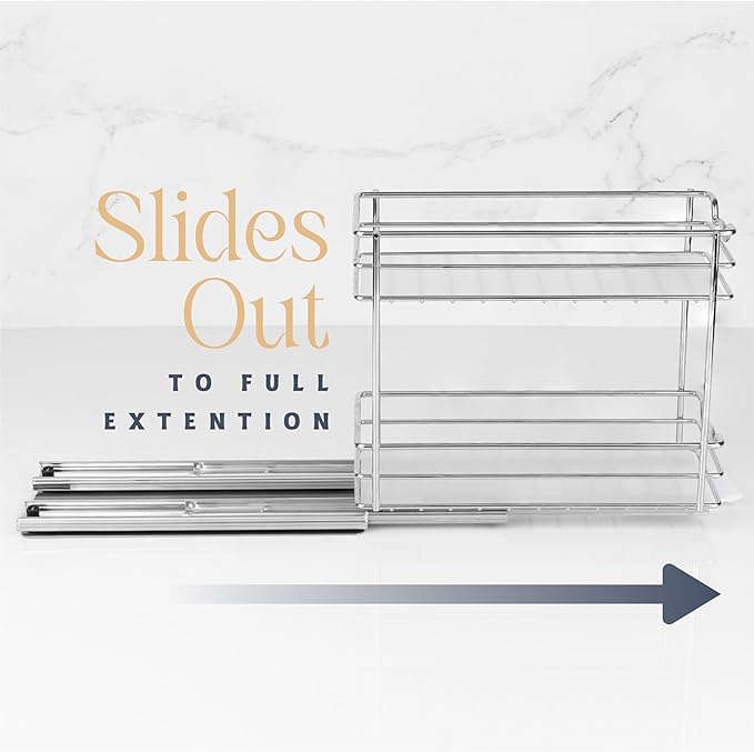 Pull Out Cabinet Organizer for Spices, Cans - Heavy Duty with Lifetime Limited Warranty- Pull Out Spice Rack- Cabinet Pull Out Shelf for Cans,Dishes, Etc, 4-1/2"W x 10-3/8"D x 8-7/8H, Chrome