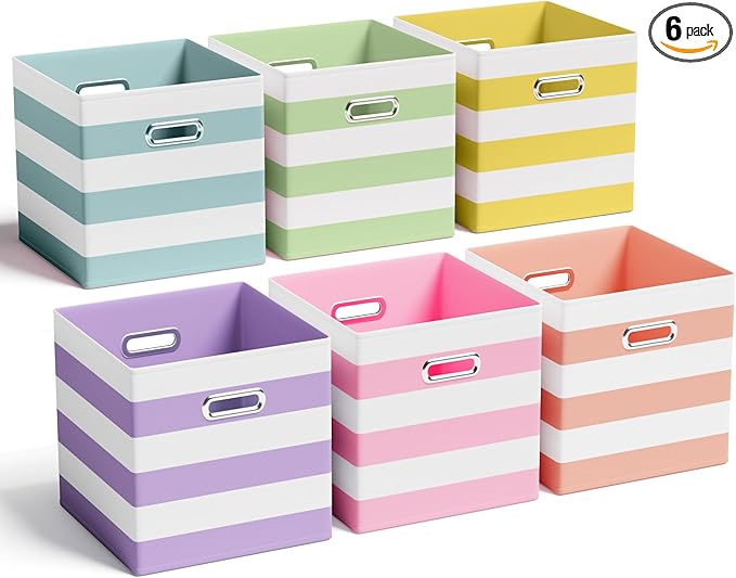 6 Pcs Fabric Storage Cubes Bins with Metal Handle Christmas Storage Bin 11 Inch Macaron Colored Striped Collapsible Bins Holiday Storages Organizer for Gift Books Kids Room Closet and Toys