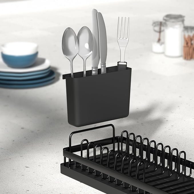 Small Dish Drying Rack, Compact Sink Dish Drainer Plate Organizer with Utensil Holder and 2pcs Silicone Drying Mats for Kitchen Counter, RVs, Apartments