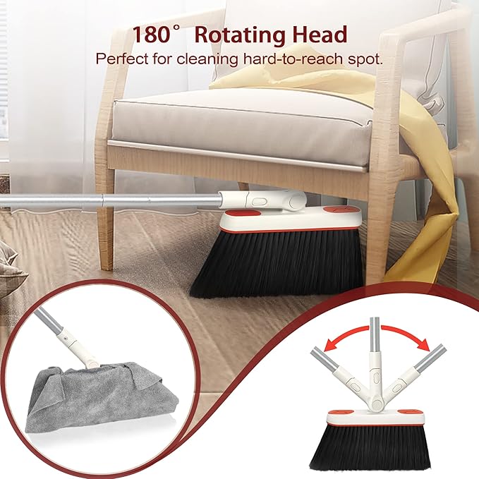 JEHONN Broom and Dustpan Set for Home, Long Handle Lightweight 180 Degree Rotating Broom Set Indoor, Upright Standing Dust Pan with Comb Teeth, Store Sweep Set for Room Kitchen Office (Grey & Red)