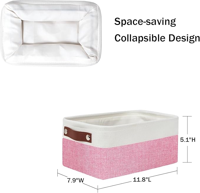 DULLEMELO Small Storage Baskets 6 Pack, Fabric Collapsible Gift Storage Baskets for Shelves, Closets, Nursery, Home, Office Organizing,Small Canvas Linen Rectangular Storage Bins (6-Pack, White&Pink)