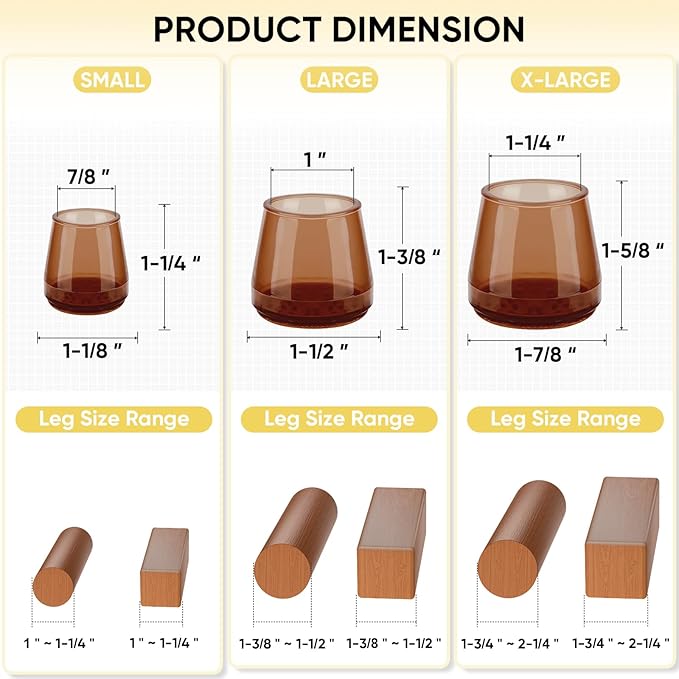 BALEINE 16 Pack Silicone Chair Leg Floor Protectors, Stool Leg Protectors Cap, Non-Slip Chair Leg Caps for Hardwood Floors (Brown & Large, 16 Pack)
