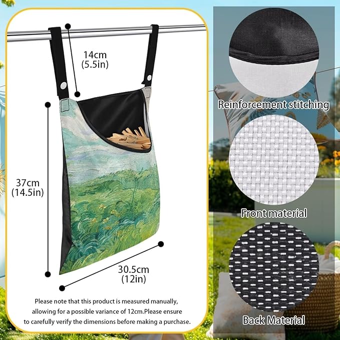 Green Wheat Field Print Windproof Clothespin Holder Bag for Outdoor Use - Durable Storage Organizer with Secure Closure - Hanging Clothes Pin Bag for Laundry & Drying Lines