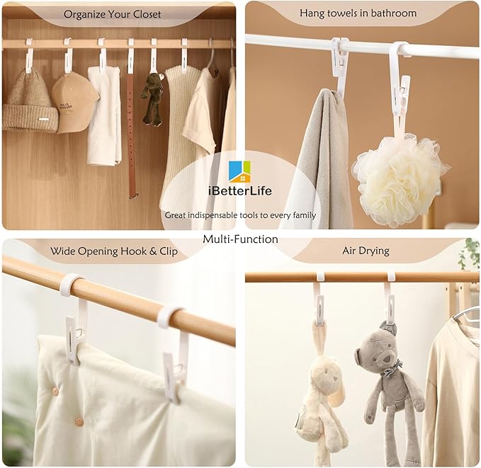 iBetterLife Clothes Pins Heavy Duty Outdoor - 8Pcs Large Laundry Hook Hangers with Clips Closet Organizer Clamps Hanging Socks Boot Bras Towels Shower Pegs for Bathroom Wardrobe Kitchen Office
