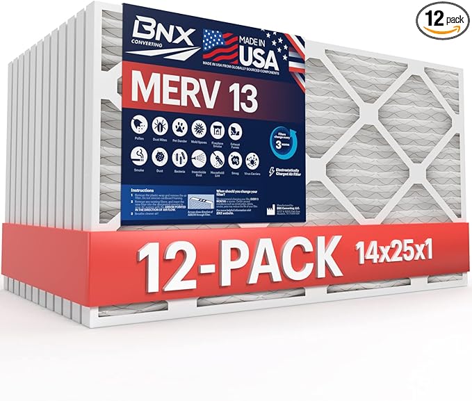 BNX 14x25x1 MERV 13 Air Filter 12 Pack - MADE IN USA - Electrostatic Pleated Air Conditioner HVAC AC Furnace Filters - Removes Pollen, Mold, Bacteria