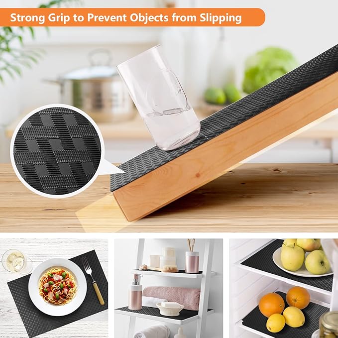 Shelf Liners for Kitchen Cabinets Refrigerator Liners Waterproof Kitchen Cupboard Liner Non-Slip Drawer Mats EVA Material Non Adhesive Fridge Liner for Shelves - Black（17.5 x 236.2 Inches x 2 Rolls