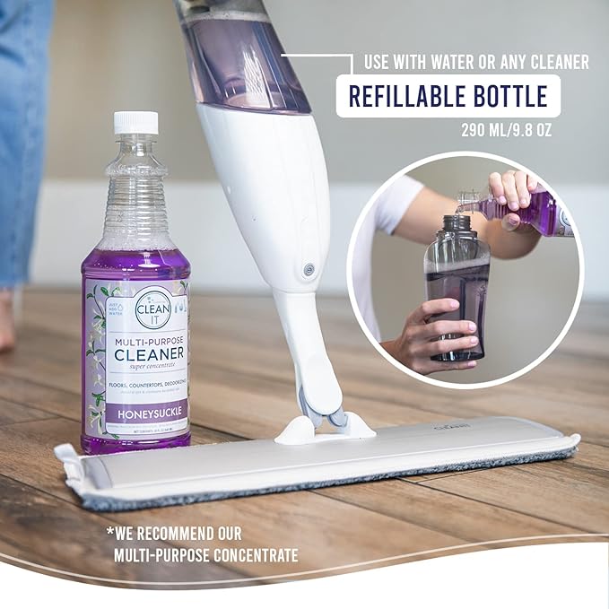 Don Aslett's Spray Mop Plus+ for Floor Cleaning| 360° Rotatable Head | Reusable Microfiber Pad | Rubber Scraper | Refillable Bottle | Suitable for All Floor Types Including Laminate, Hardwood, Tile