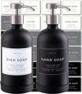 16oz Glass Soap Dispenser with Stainless Steel Pump, 21 Waterproof Labels, Non-Slip Protective Silicone Pad, Set of 2 for Bathroom & Kitchen (Matte Black Bottle/Brushed Silver Pump)