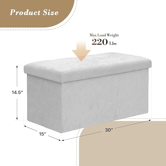 Athena Collection 30" Storage Ottoman Bench Folding Bench with 90L Hidden Storage, Large End of Bed Bench Linen Foot Rest Stool Chest with Flipping Lid for Living Room, Bedroom, Entryway, Light Gray