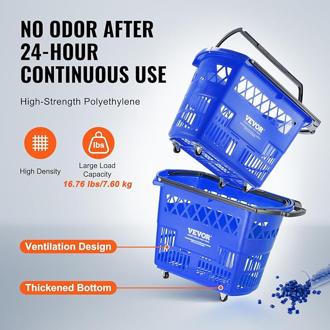 VEVOR Shopping Carts with Handles, 6PCS, 39L Plastic Rolling Shopping Basket with Wheels, Large Portable Shopping Basket Set for Supermarkets, Retail Stores, Grocery Shopping, Blue