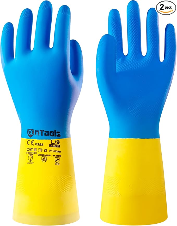 2 Pairs Neoprene and Rubber Blend Heavy-Duty Chemical Gloves, Protective industrial gloves for Resist Acid, Alkali, Hazmat, cleaning, dishwashing, X-Large