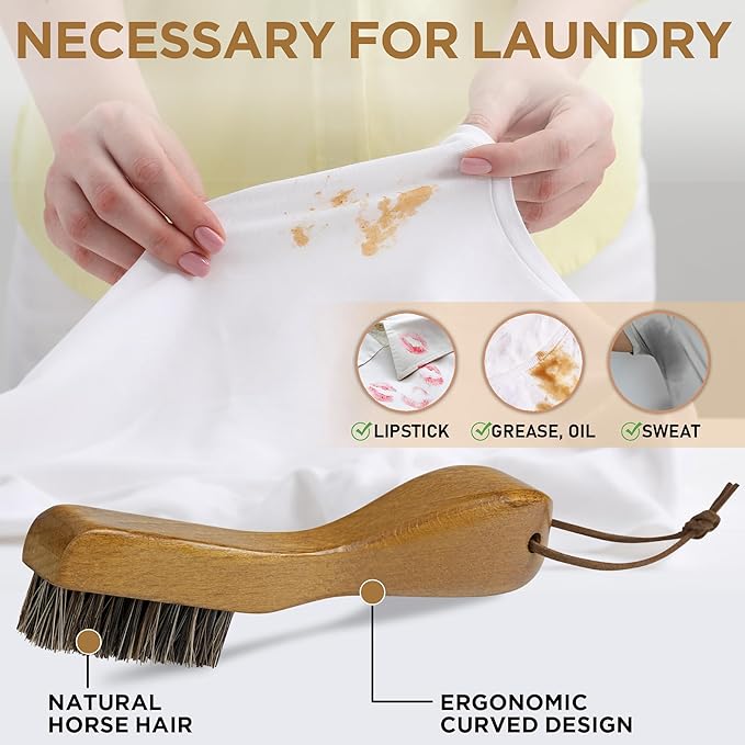 TAKAVU Laundry Stain Brush Set of 2 – Clothes Cleaning Brushes with Horsehair & Wooden Handle – Gentle Fabric Care Brush for Stain Removal, Shoes, Boots & Delicate Garments