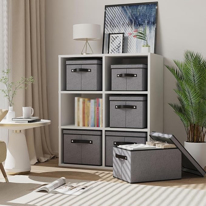 Fabric Storage Boxes, 7.1 x 9.1 x 13 Inch Baskets for Shelves with Lids, Wardrobe Organiser with Handles, Decorative Linen Closet Organizer Bins, Gray, 3 Pack