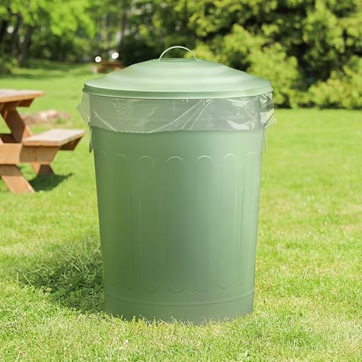 Plexon Round Trash Can 13 Gallon, Vintage Metal Outdoor Trash Can with Lid, Retro Farmhouse Garbage Container, Old School Modern Ash Bucket, Green 6 Pack