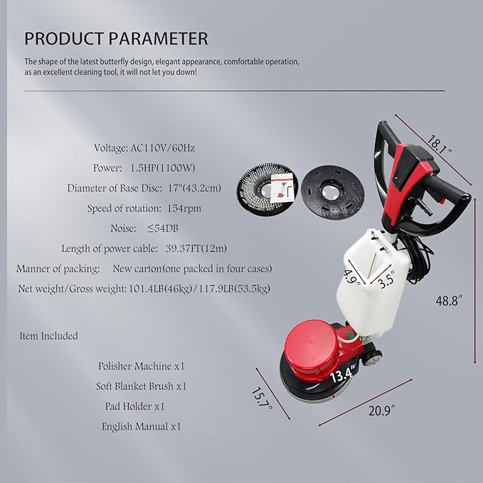 1100W Red Floor Polisher Commercial Floor Cleaner Polishing Machine Carpet Buffer Scrubber with 3gal Water Tank and 17" Base 154Rpm AC110V