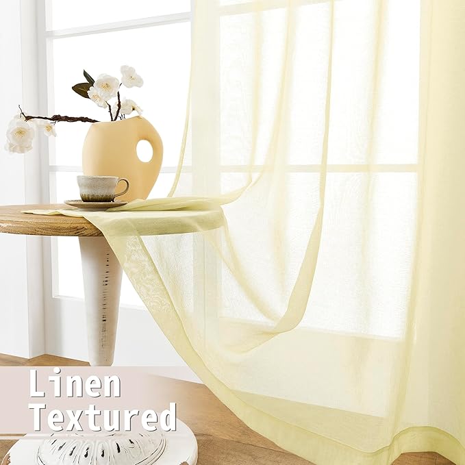 Tollpiz Small Sheer Door Curtain Closet Linen Textured Curtain Sheers Doorway Light Filtering Voile French Door Rod Pocket Curtains Patio Door, 25 x 40 inches Long, Transparent Yellow, Set of 1 Panel